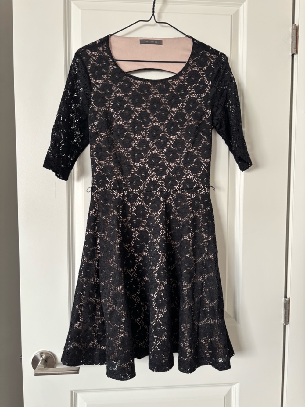 Suzy Shier Black Lace Dress with Nude Lining